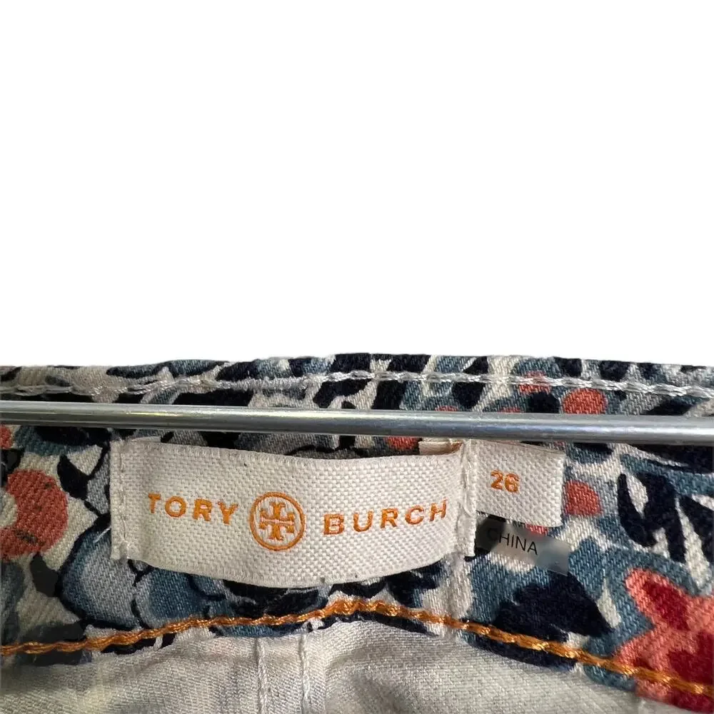 Tory Burch Womens‎ Sz 26 Emmy Blue Pink Floral Cropped Ankle Pants Cotton